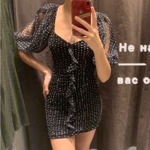 Black polkadot ruched Zara dress. In perfect condition. Worn 2 times.